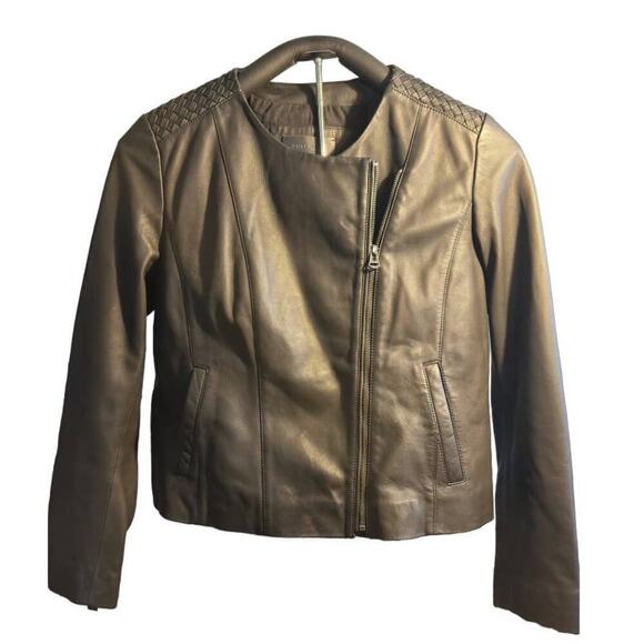 Cole Haan asymmetrical collarless black leather Jacket 100% Lamb Skin Size L - Picture 1 of 9
